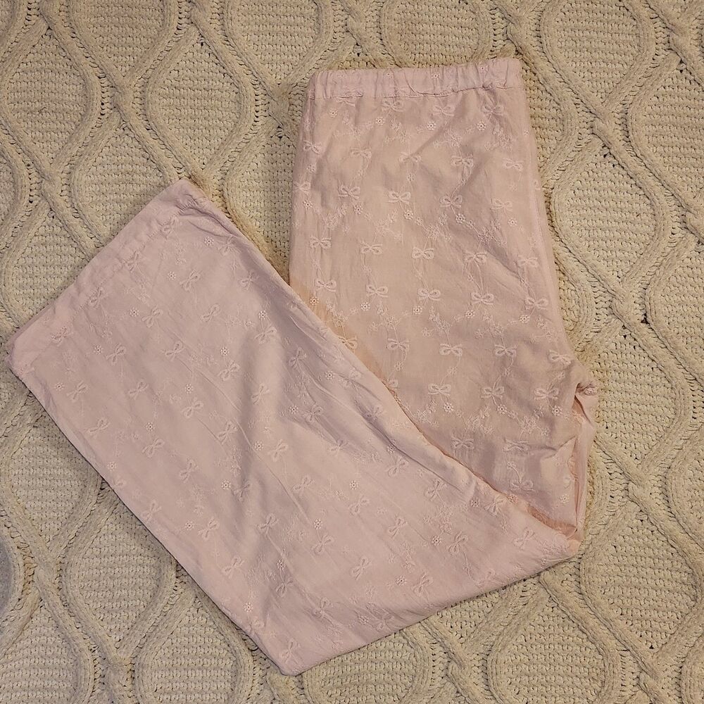 New 100% Cotton Light Pink Wide Leg embroidered bow floral eyelet pants Size L